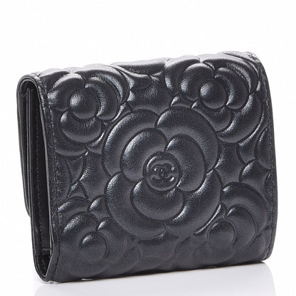 Chanel Lambskin Camellia Embossed Small Double Wallet Black 3 of 8
