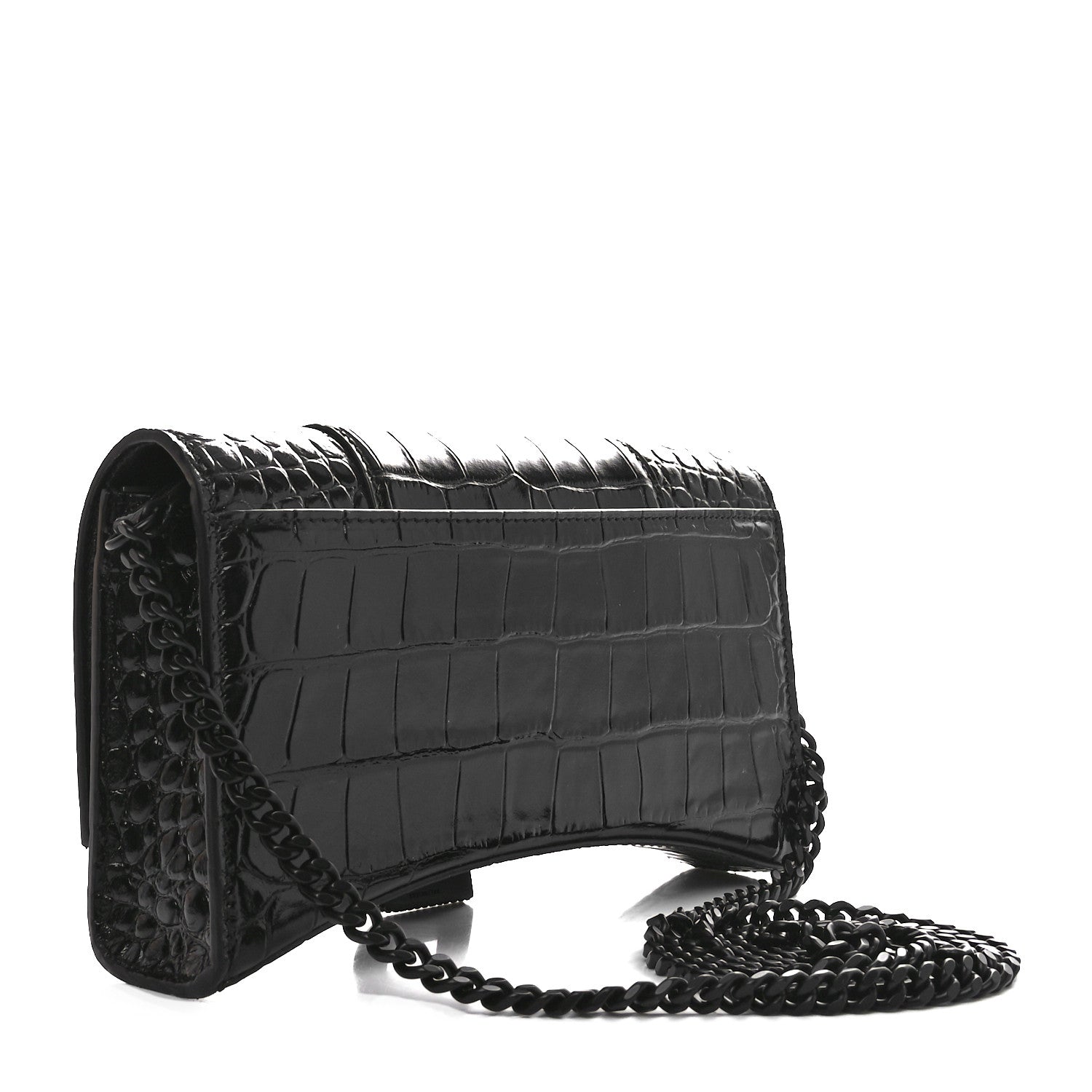 Balenciaga Shiny Calfskin Strass Monochrome Crocodile Embossed Hourglass Chain Bag Black 2 of 9