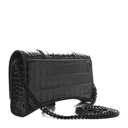 Balenciaga Shiny Calfskin Strass Monochrome Crocodile Embossed Hourglass Chain Bag Black 2 of 9