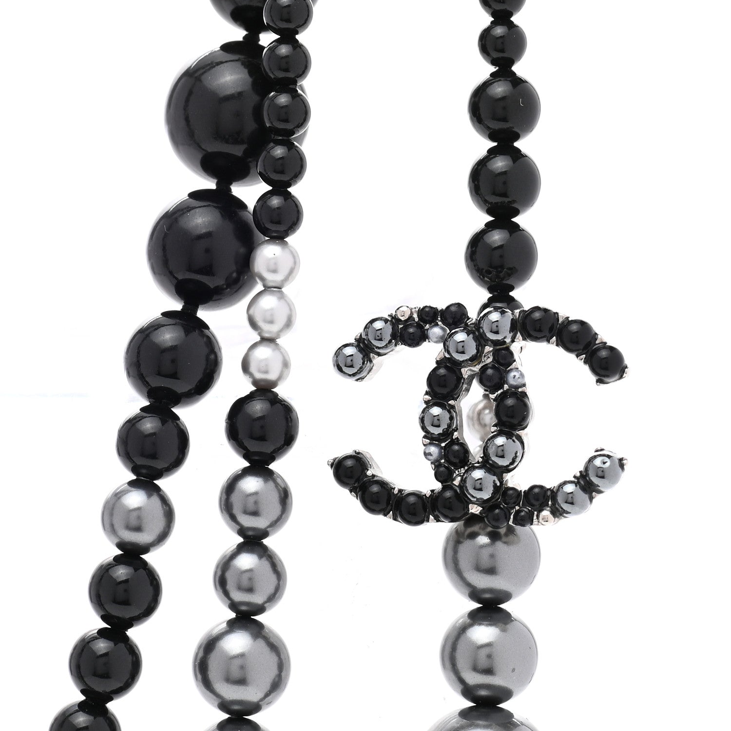 Chanel Resin Pearl Beaded CC Multi Strand Long Necklace Black Silver 4 of 7