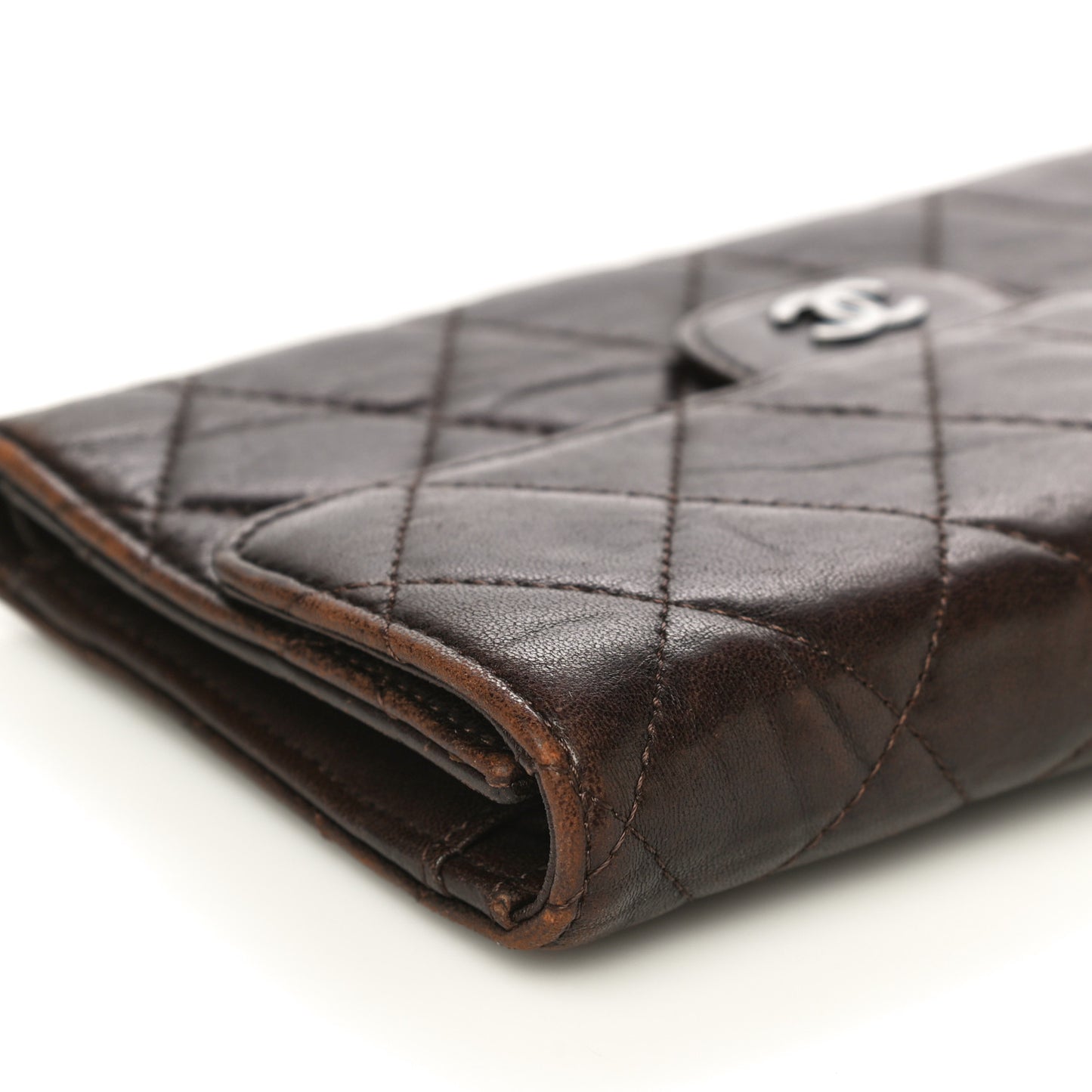 Lambskin Quilted Large Flap Wallet Dark Brown
