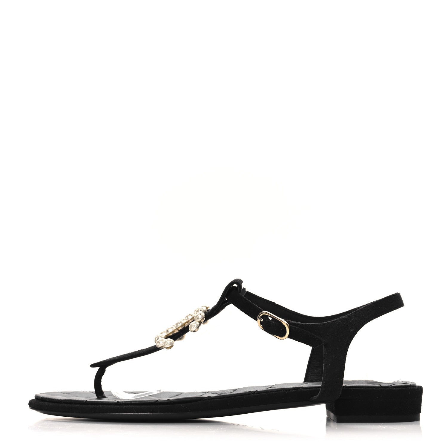 Chanel Suede Pearl Crystal CC Thong Sandals 40 Black 1 of 9