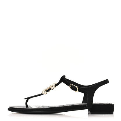 Chanel Suede Pearl Crystal CC Thong Sandals 40 Black 1 of 9