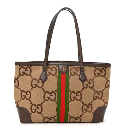 Gucci Monogram Jumbo GG Textured Dollar Calfskin Web Medium Ophidia Shopping Tote Camel Ebony 1 of 9