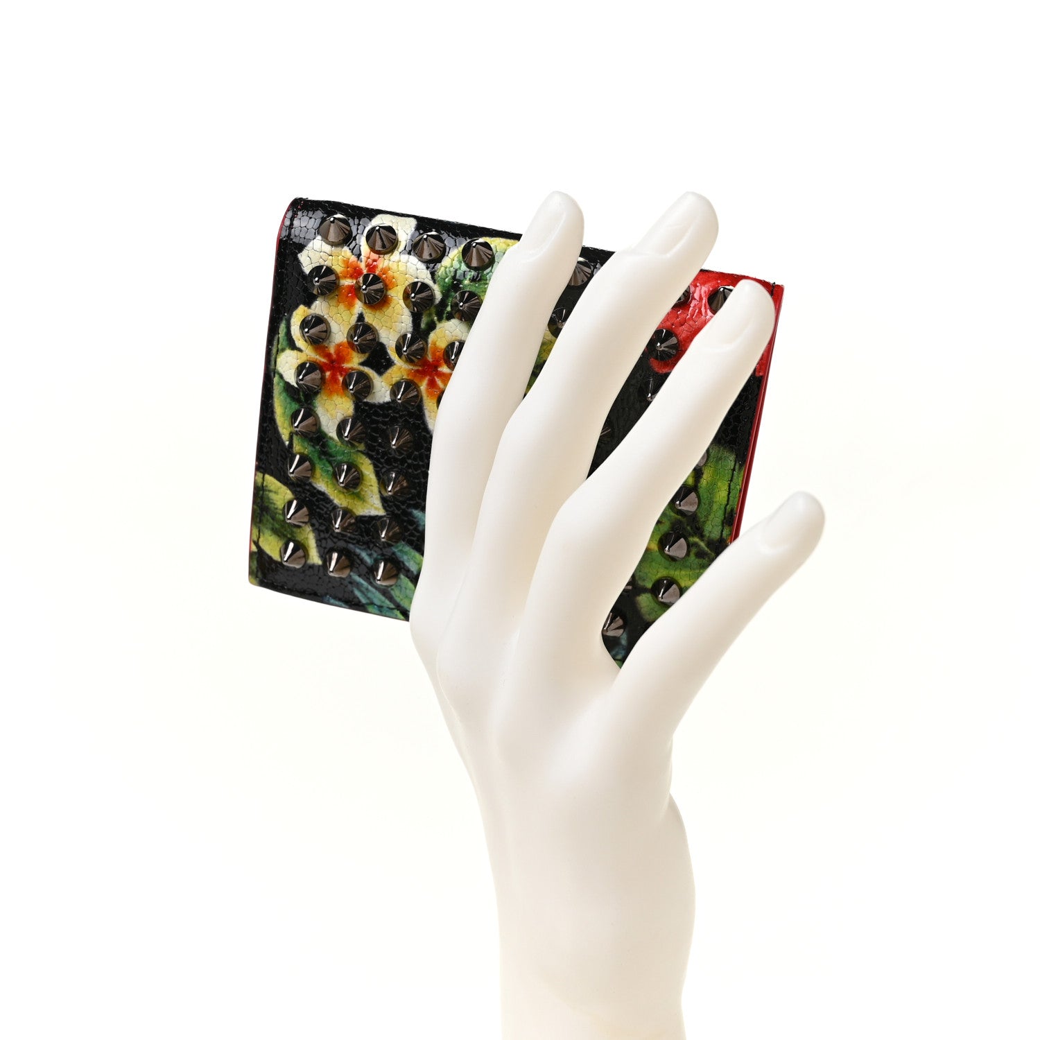 Christian Louboutin Crackled Calfskin Hawaii Print Paros Spikes Wallet Black Gunmetal 2 of 9