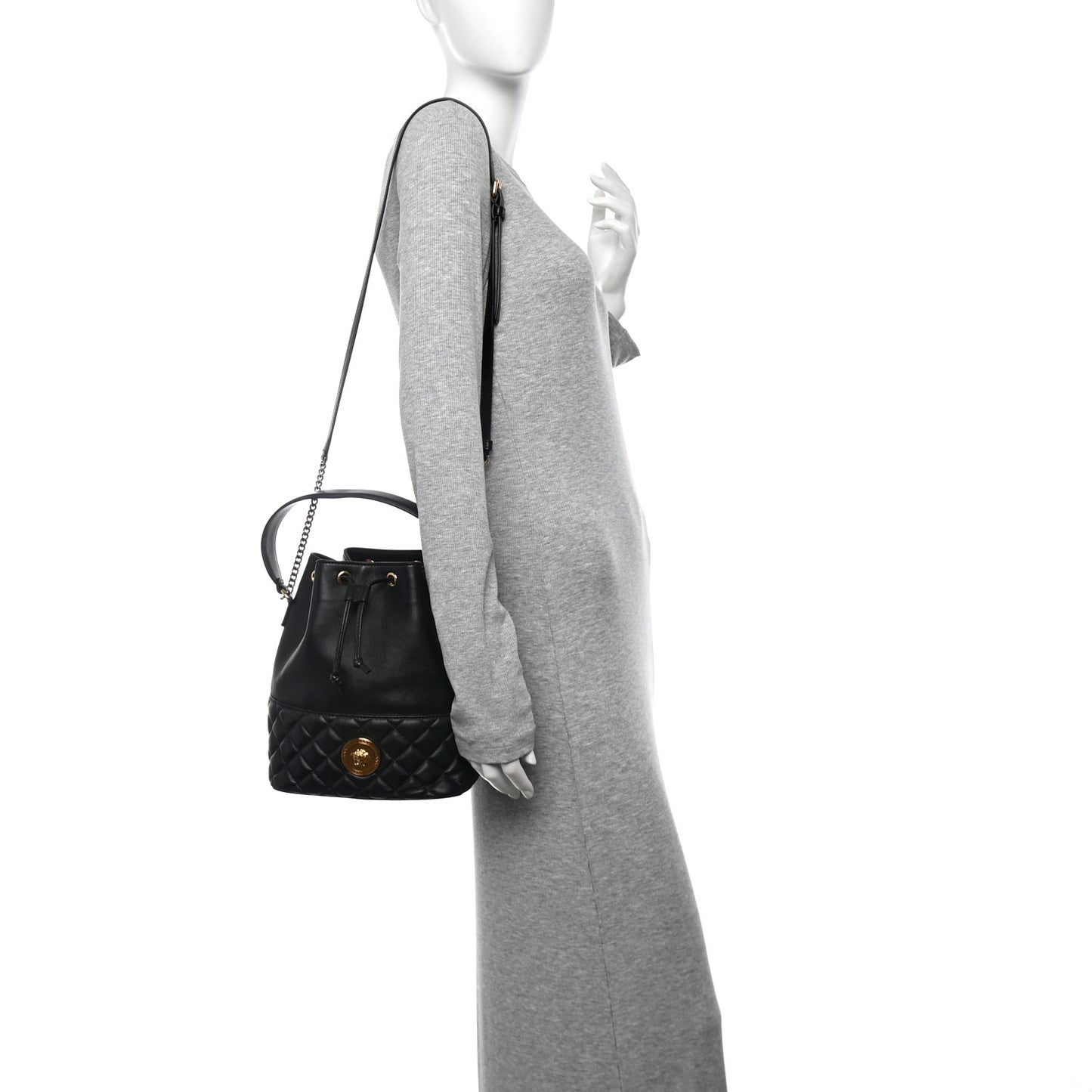 Nappa Quilted Medusa Top Handle Bucket Bag Black