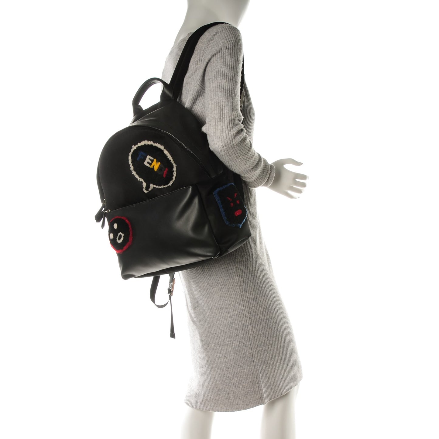 Nylon Calfskin Shearling Emoticon Backpack Black