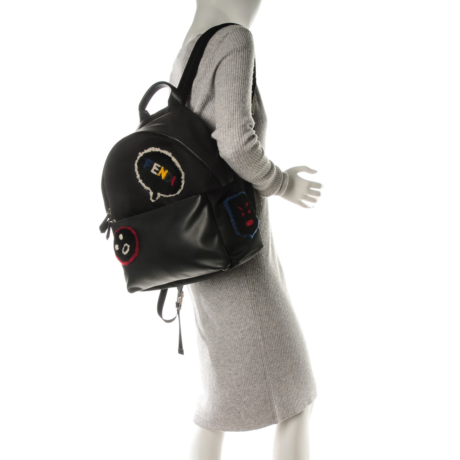 Fendi Nylon Calfskin Shearling Emoticon Backpack Black 2 of 7