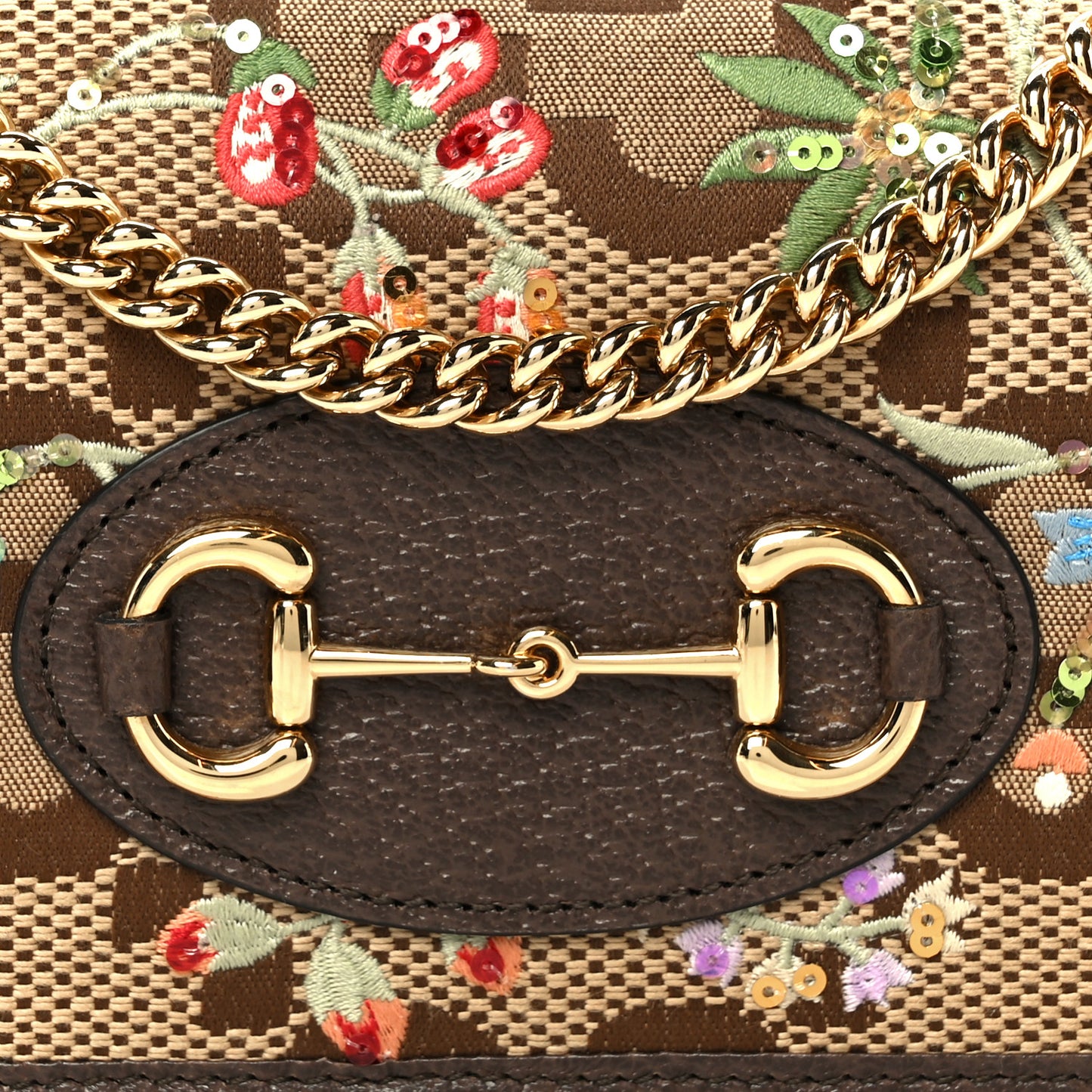 Monogram Jumbo GG Textured Dollar Calfskin Embroidered Horsebit 1955 Wallet On Chain Camel Ebony New Acero Multicolor