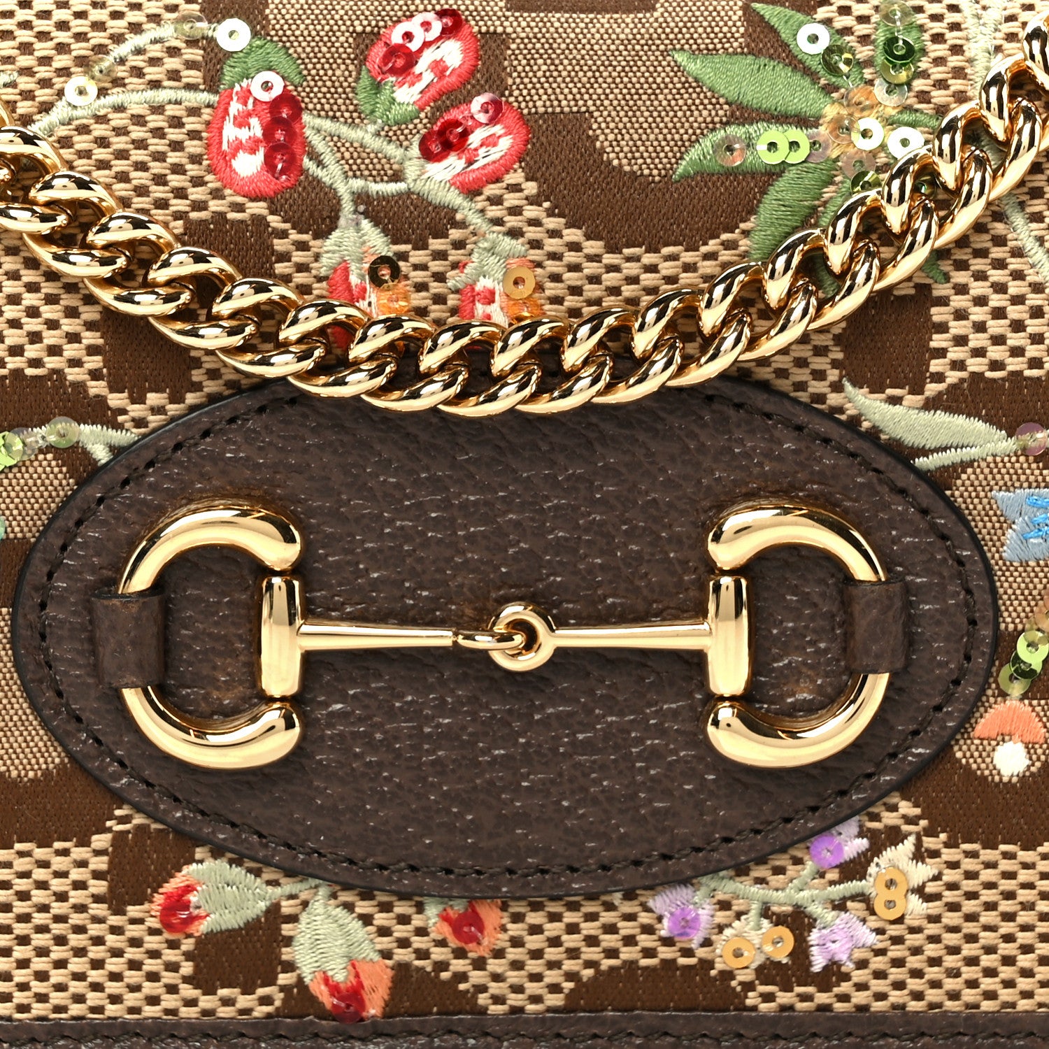 Gucci Monogram Jumbo GG Textured Dollar Calfskin Embroidered Horsebit 1955 Wallet On Chain Camel Ebony New Acero Multicolor 8 of 10