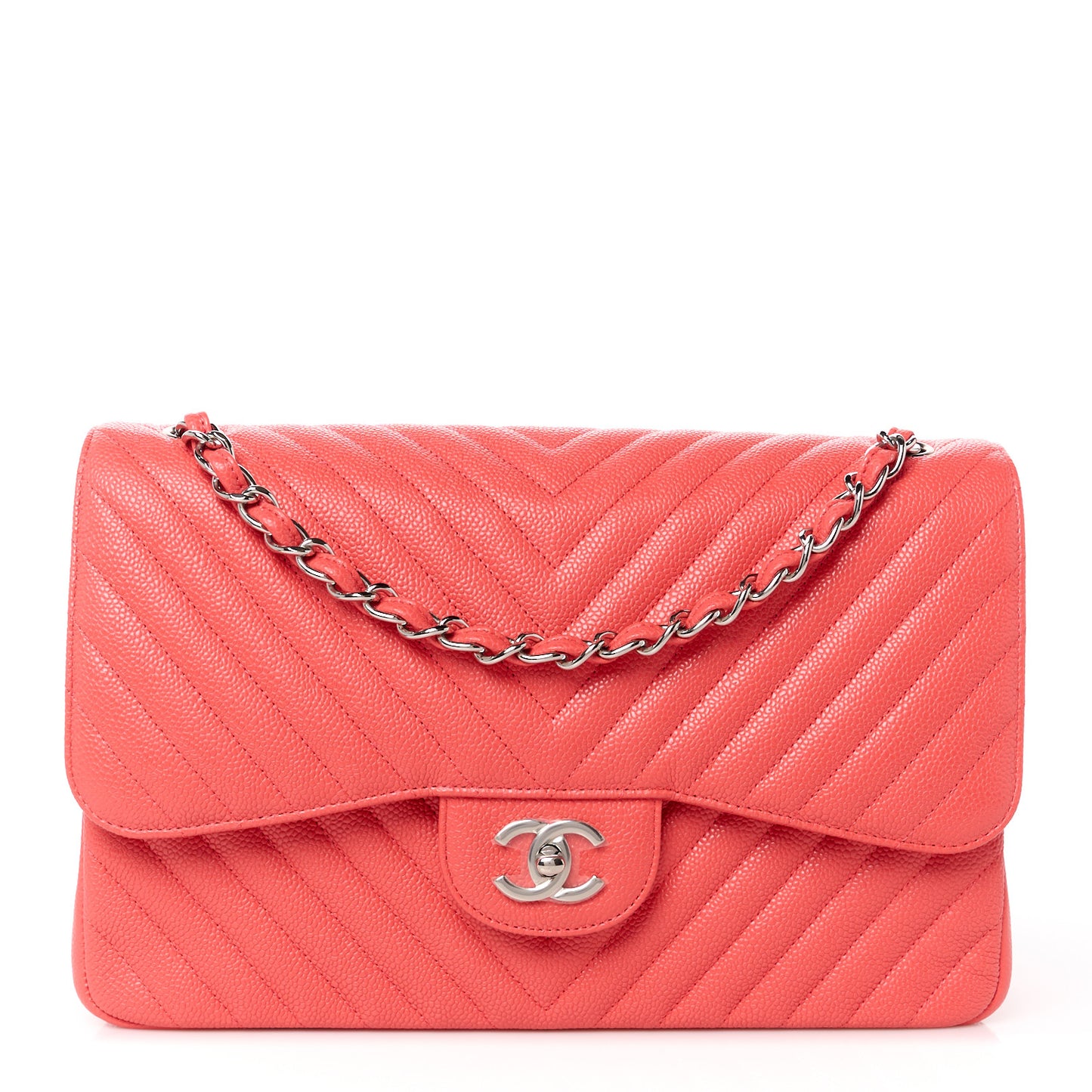 Caviar Chevron Quilted Jumbo Double Flap Coral
