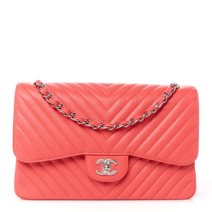 Chanel Caviar Chevron Quilted Jumbo Double Flap Coral 1 of 11