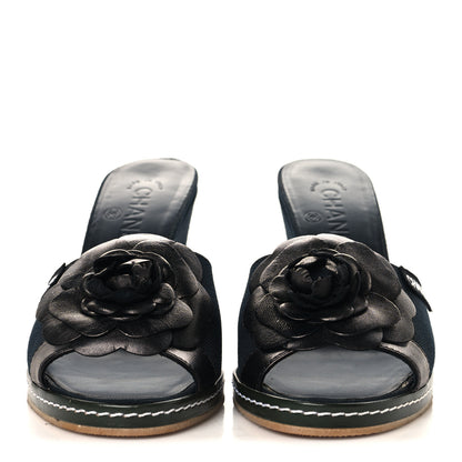 Chanel Canvas Camellia Wedge Sandals 38.5 Black 38.5 Black 3 of 11