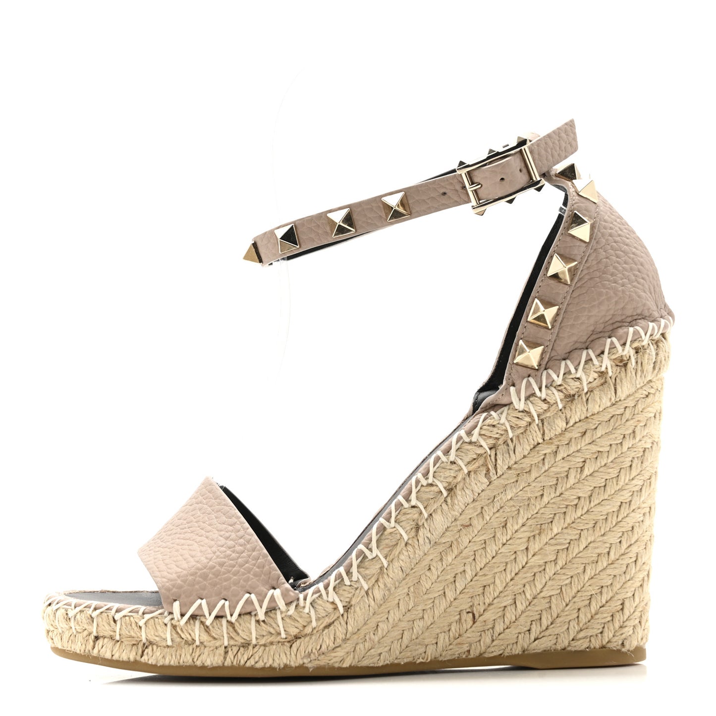 Grained Calfskin Rockstud Ankle Strap Espadrille 15/105mm Wedge Sandals 35 Poudre Natural