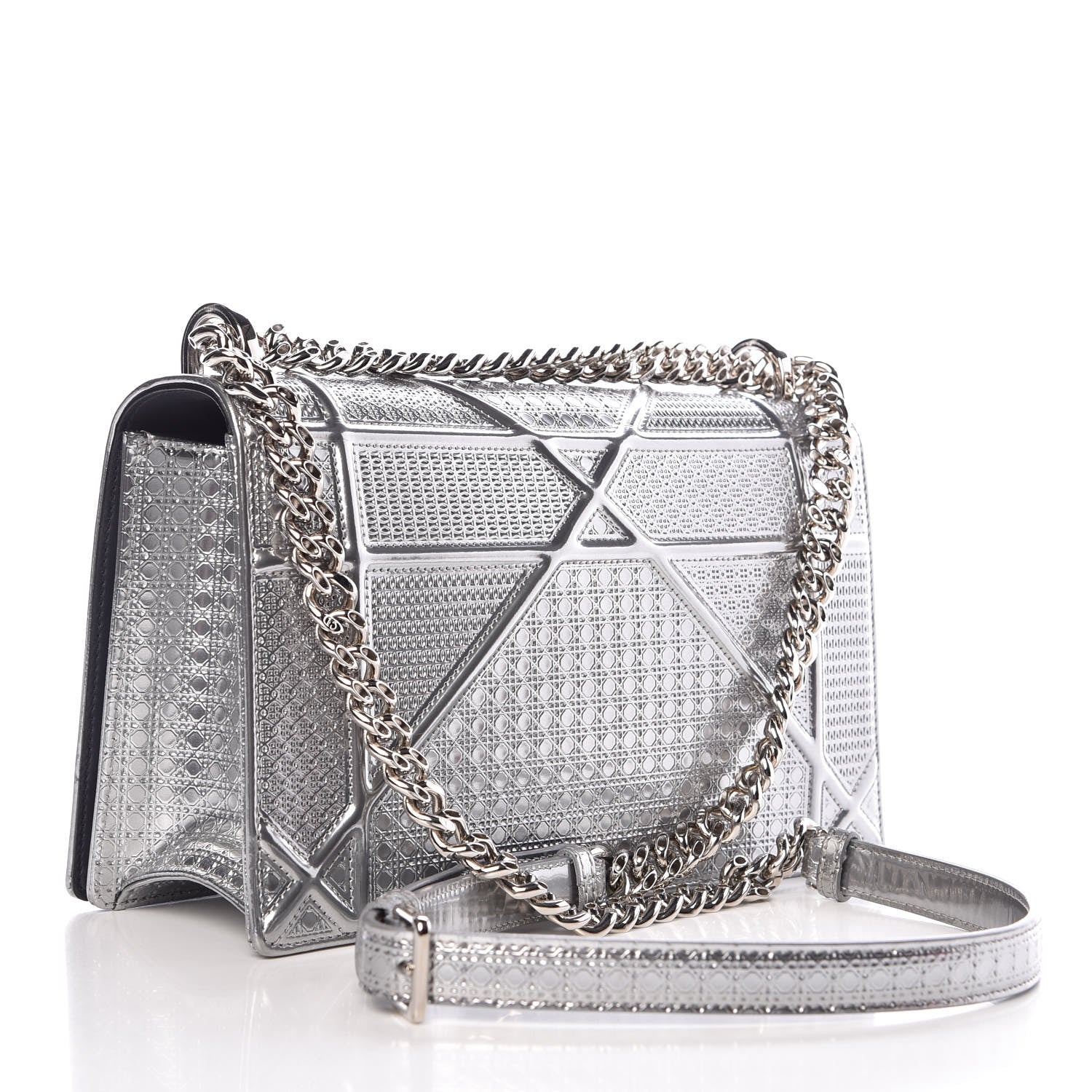 Christian Dior Metallic Patent Micro-Cannage Medium Diorama Flap Bag Silver 3 of 6