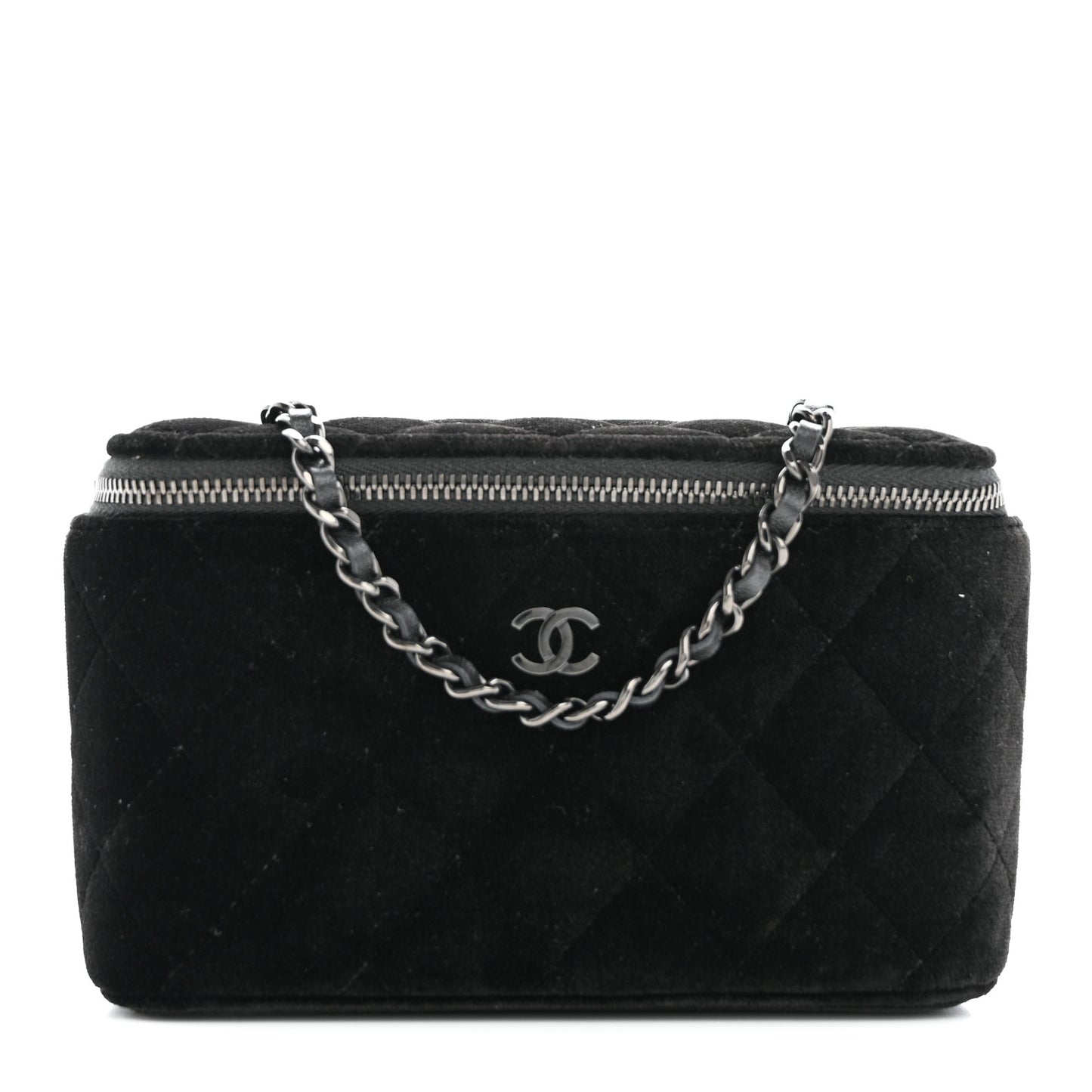 Velvet Quilted Small Vanity Case With Chain Black