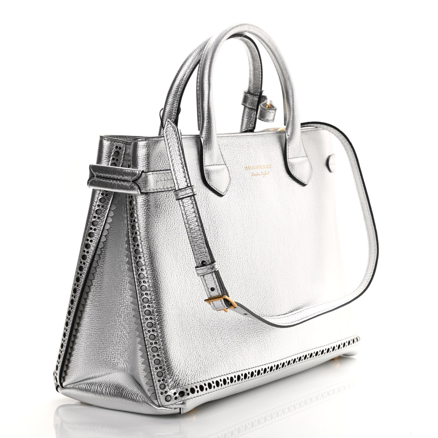 Burberry Metallic Calfskin Broguing Medium Banner Tote Silver 3 of 14
