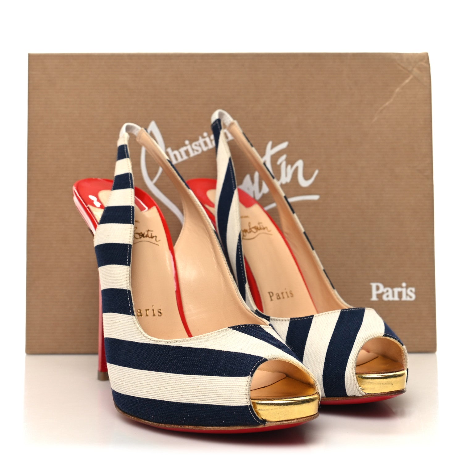 Christian Louboutin Toile Rayee Patent Sling 120 Pumps 36.5 Navy 8 of 8