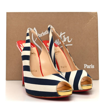 Christian Louboutin Toile Rayee Patent Sling 120 Pumps 36.5 Navy 8 of 8