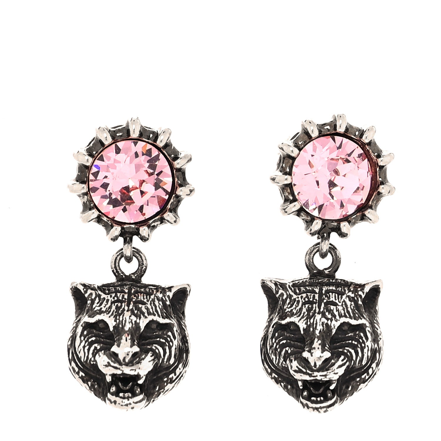 Gucci Metal Crystal Feline Head Earrings Silver 1 of 4