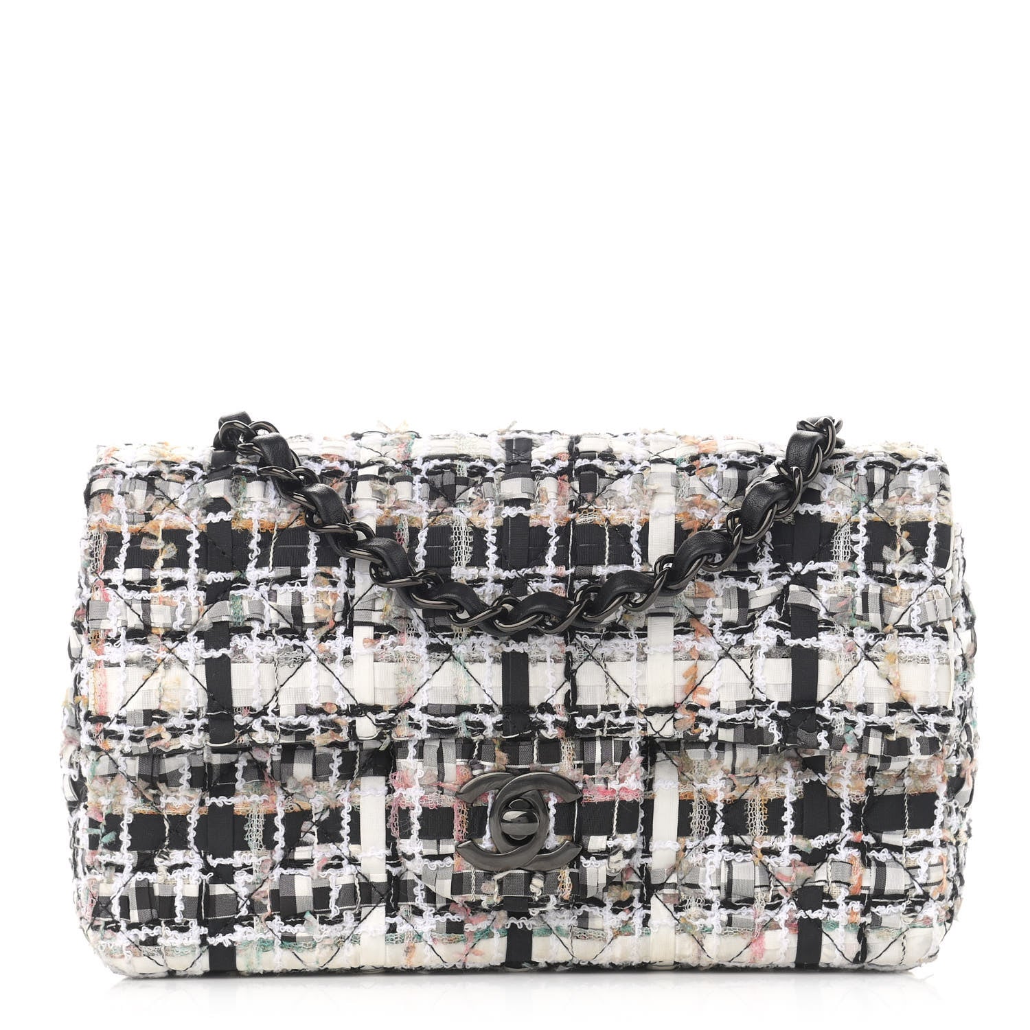 Chanel Tweed Quilted Mini Rectangular Flap White Black Multicolor 1 of 12