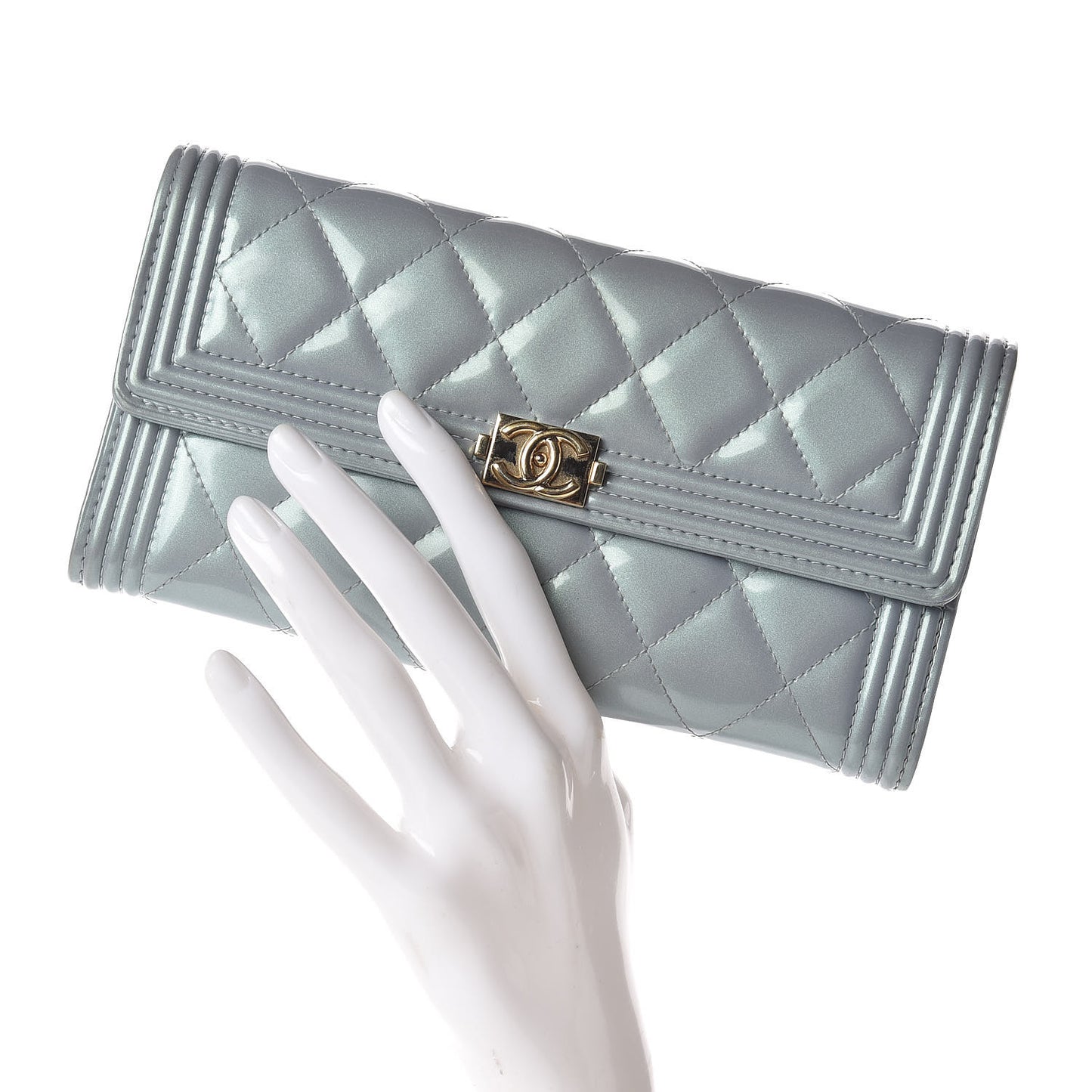 Metallic Patent Calfskin Quilted Boy Large Gusset Flap Wallet Light Blue