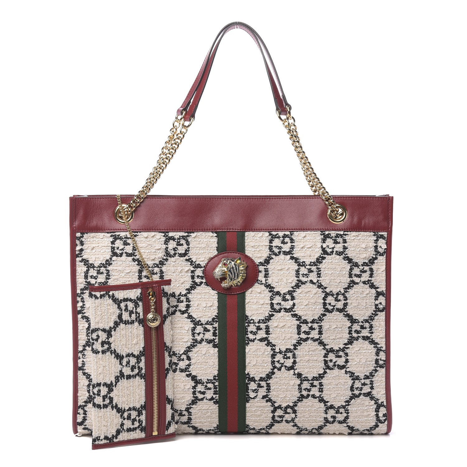 Gucci Tweed GG Monogram Large Rajah Chain Tote White Black Romantic Cherry 1 of 10