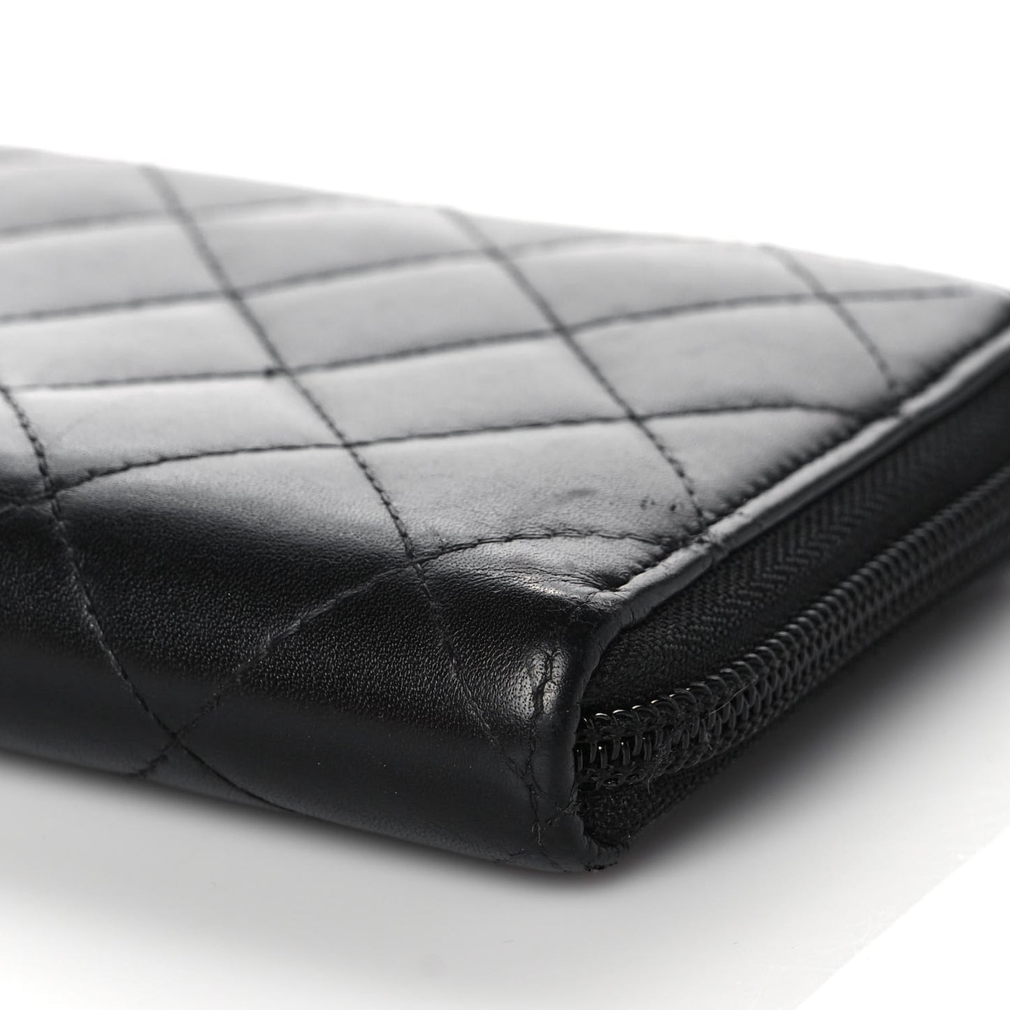 Calfskin Quilted Cambon Large Gusset Zip Around Wallet Black Silver