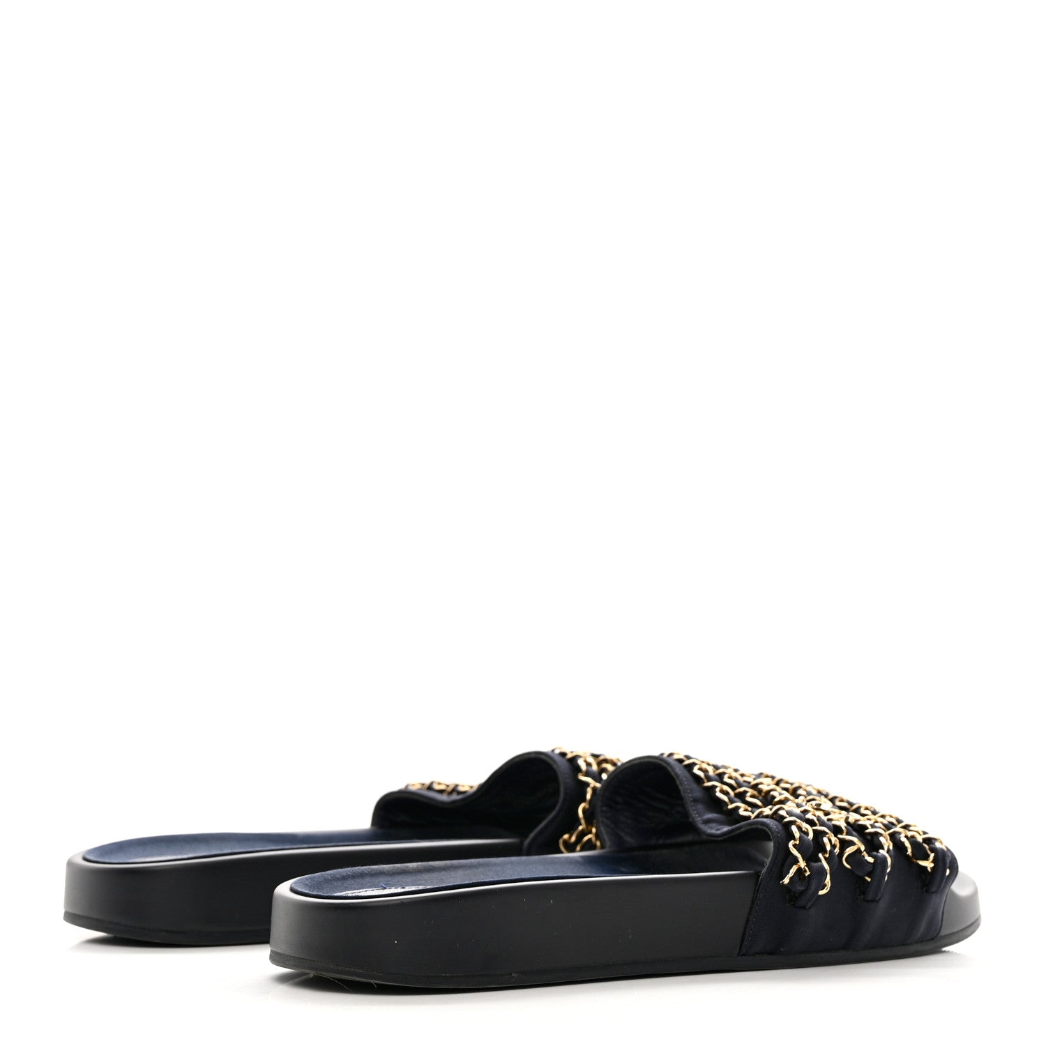Chanel Satin Canvas Chain Slides Sandals Flats 40 Marine 4 of 11