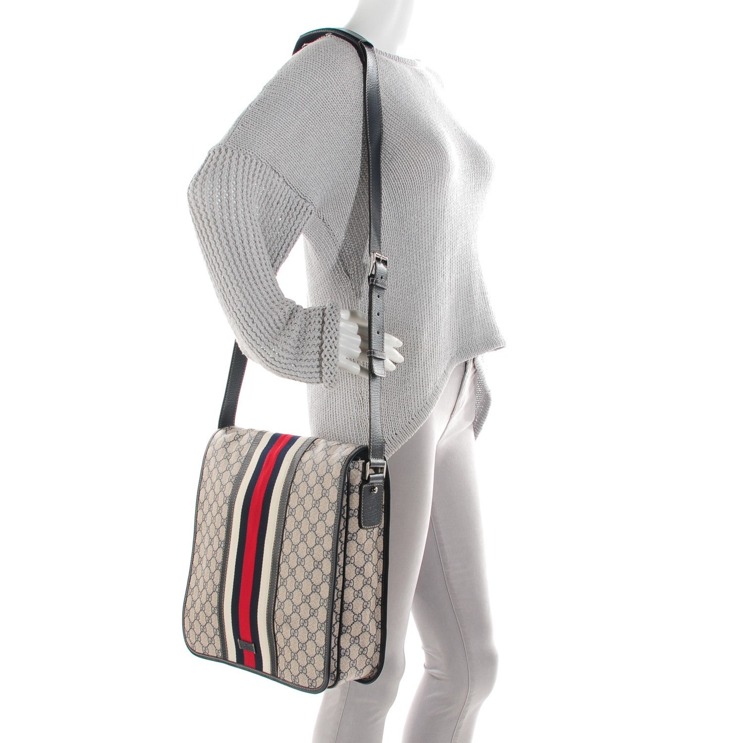 Gucci GG Plus Monogram Vintage Web Large Flap Messenger Bag Beige Navy Blue 2 of 7