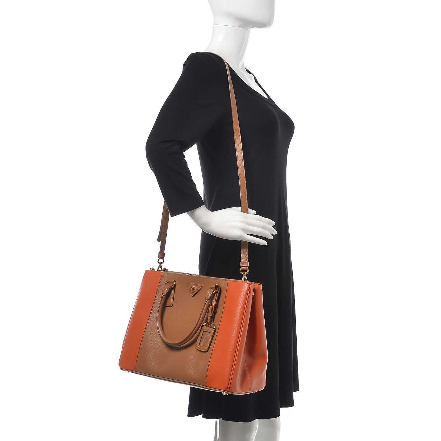 Saffiano Lux Colorblock Medium Galleria Double Zip Tote Caramel Papaya