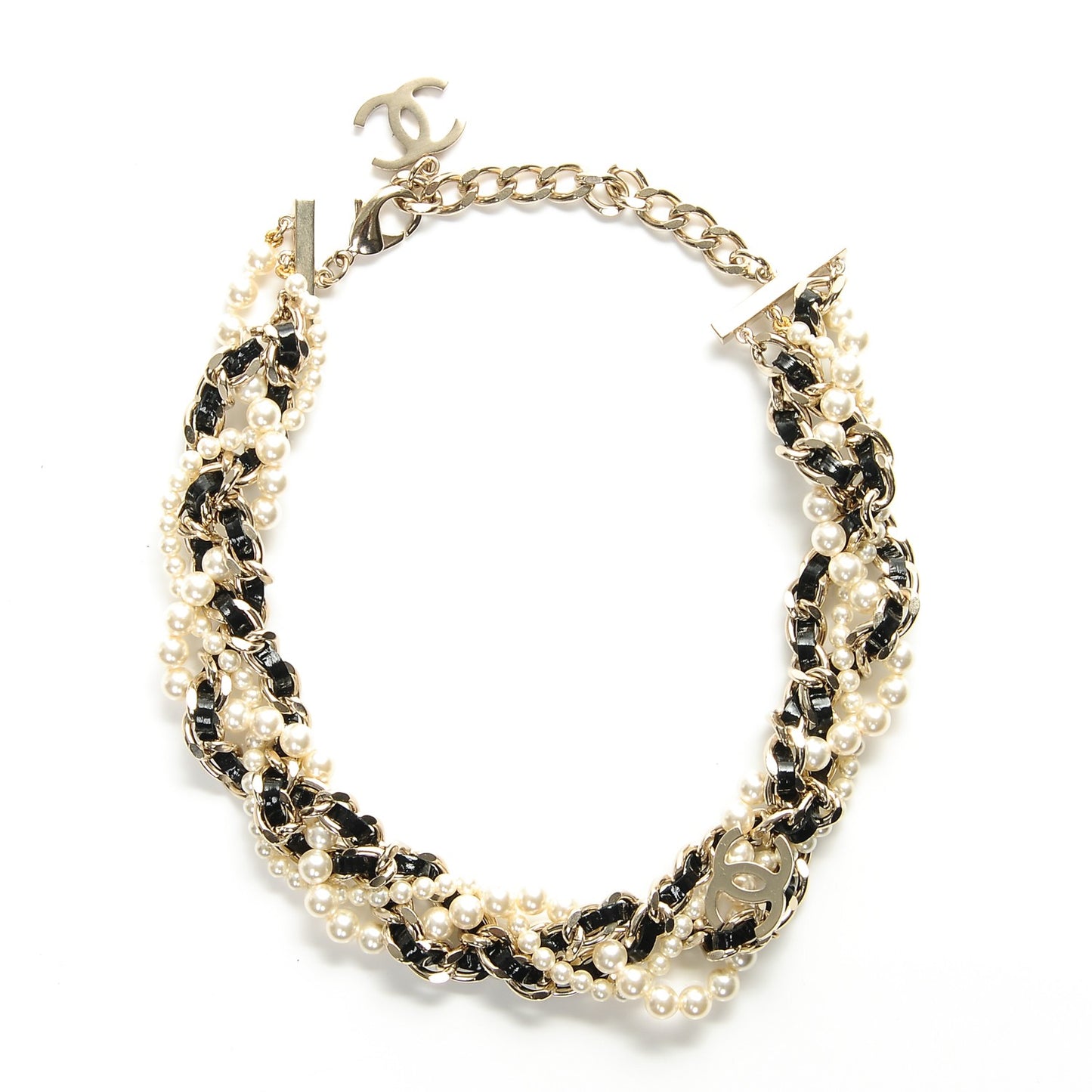 Pearl CC Chain Choker Necklace Black Gold