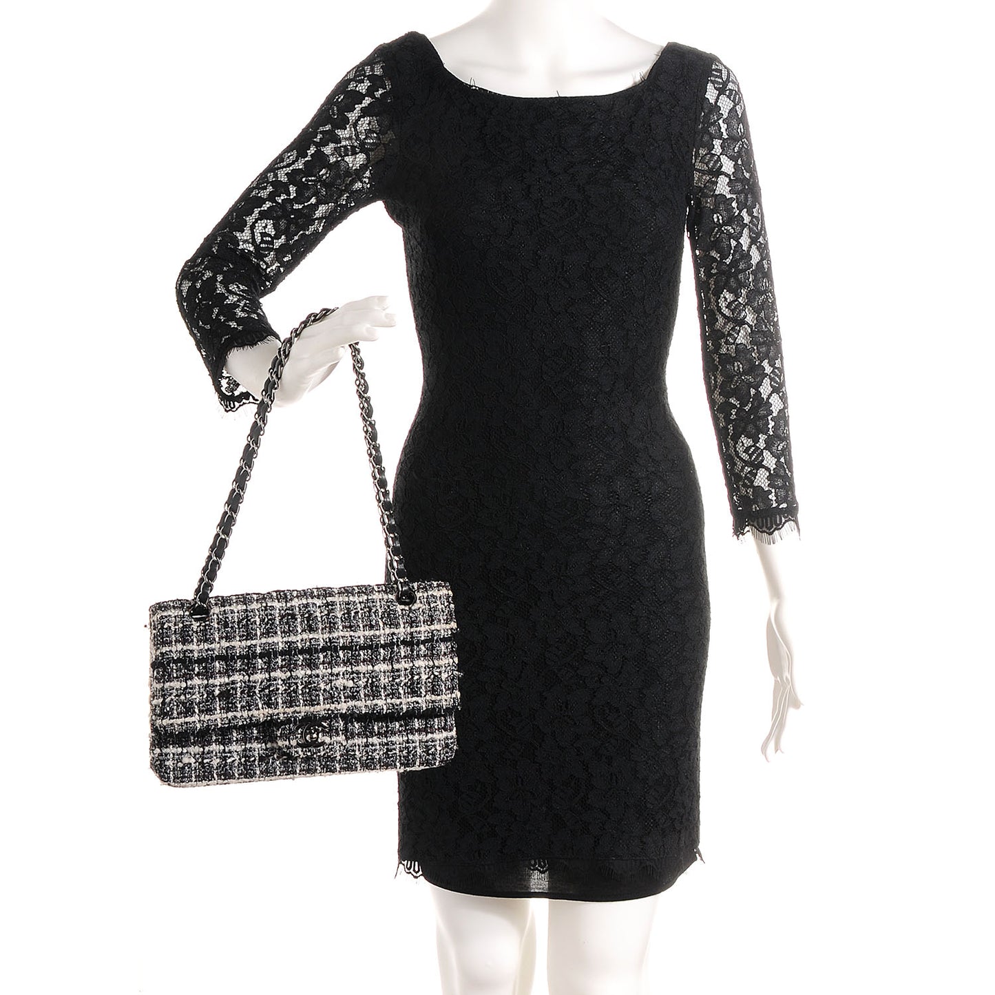 Tweed Medium Double Flap Black White