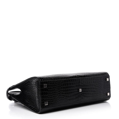 Saint Laurent Shiny Calfskin Crocodile Embossed Small Manhattan Shopper Tote Black 5 of 11