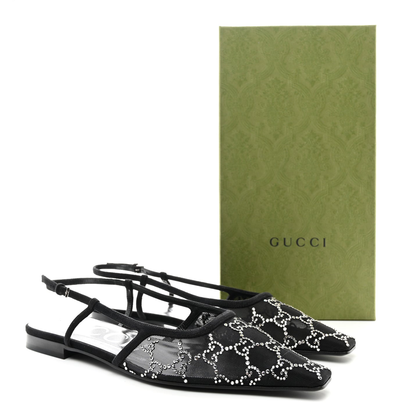 Tela Retino Kid Scamosciato Crystal GG Monogram Square Demi Ballet Flats 39.5 Black