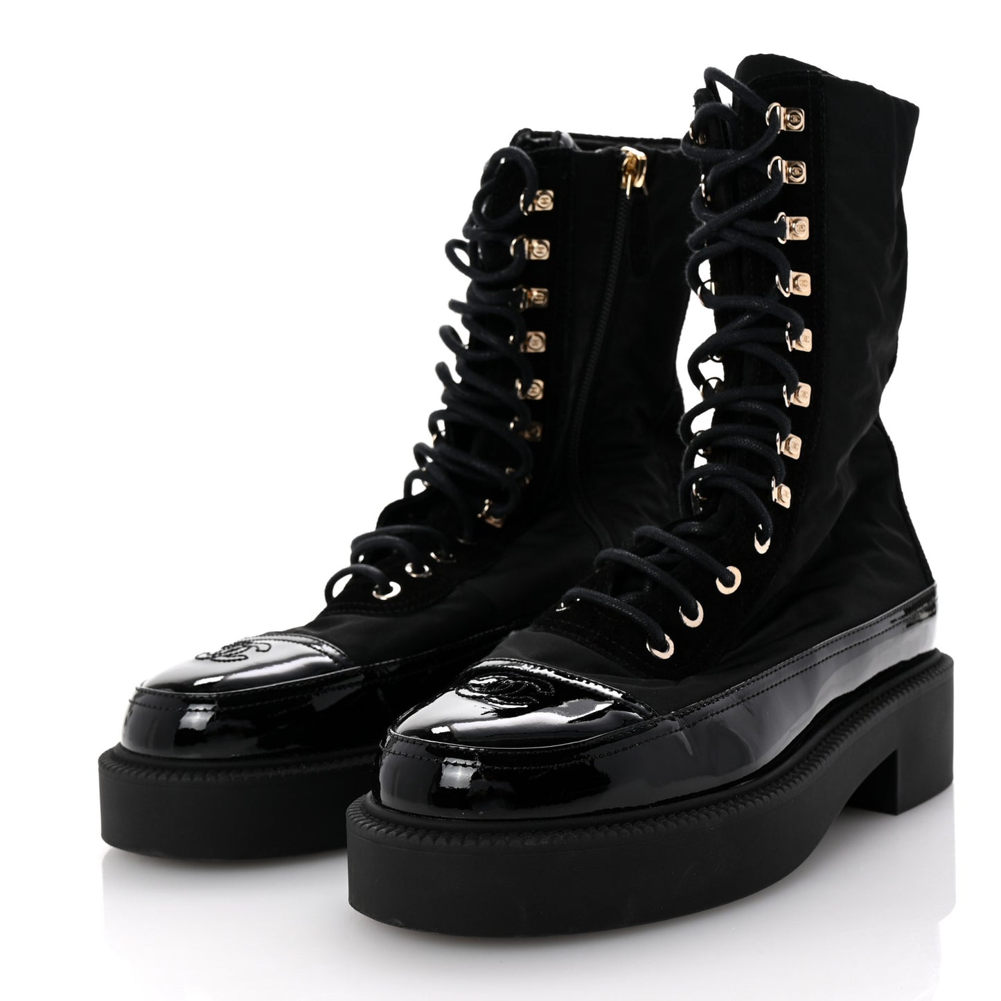 Nylon Suede Patent Calfskin Womens CC Lace Up Boots 38.5 Black