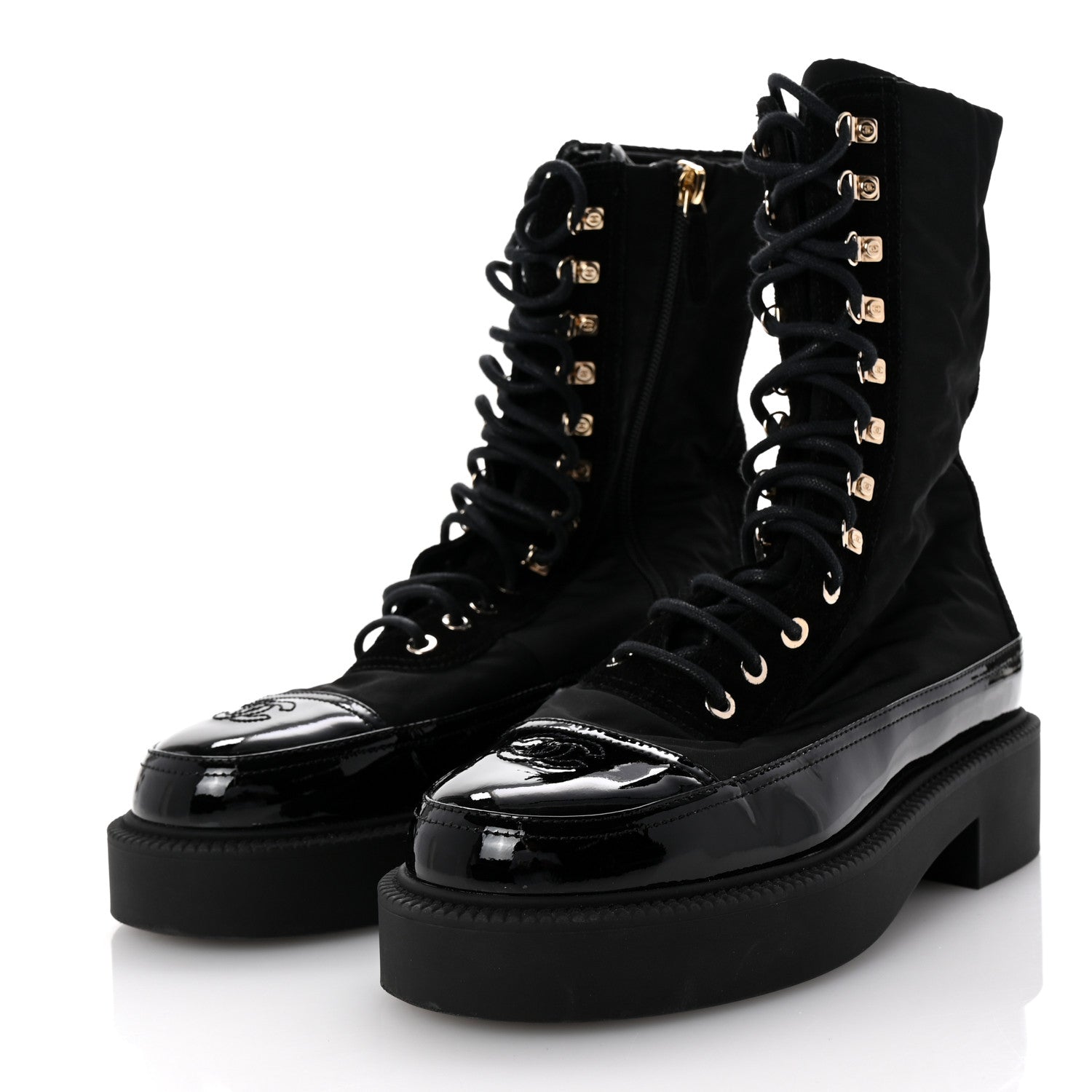 Chanel Nylon Suede Patent Calfskin Womens CC Lace Up Boots 38.5 Black 4 of 10