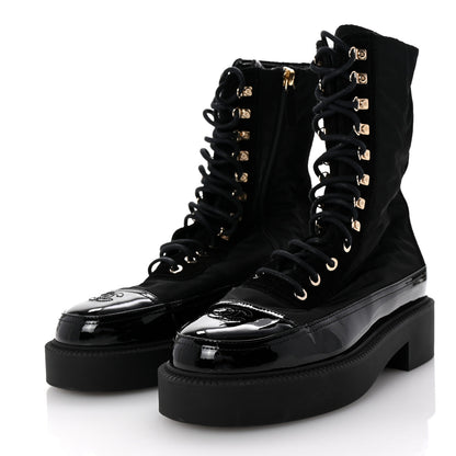 Chanel Nylon Suede Patent Calfskin Womens CC Lace Up Boots 38.5 Black 4 of 10