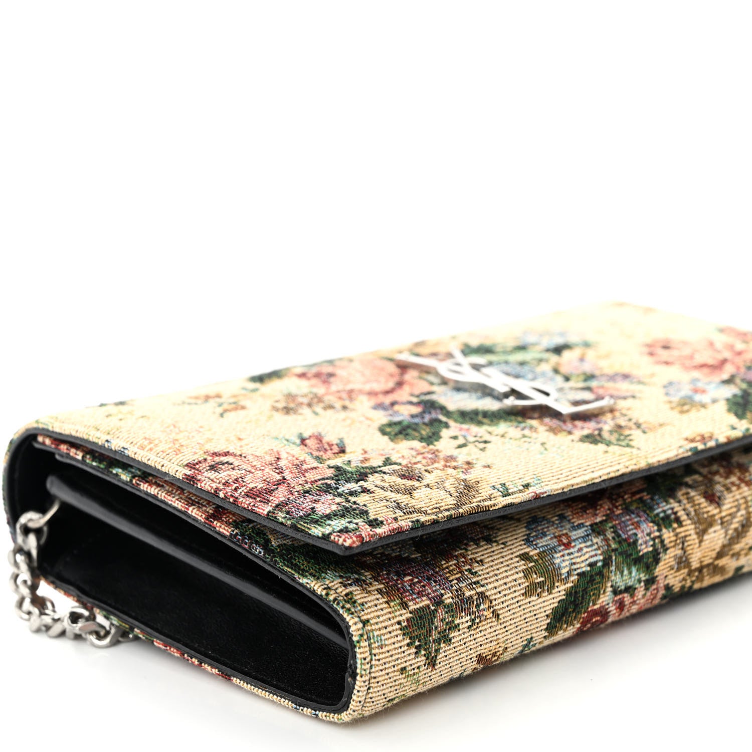 Saint Laurent Tapestry Bouquet Monogram Chain Wallet Beige Rogue Blue 8 of 9
