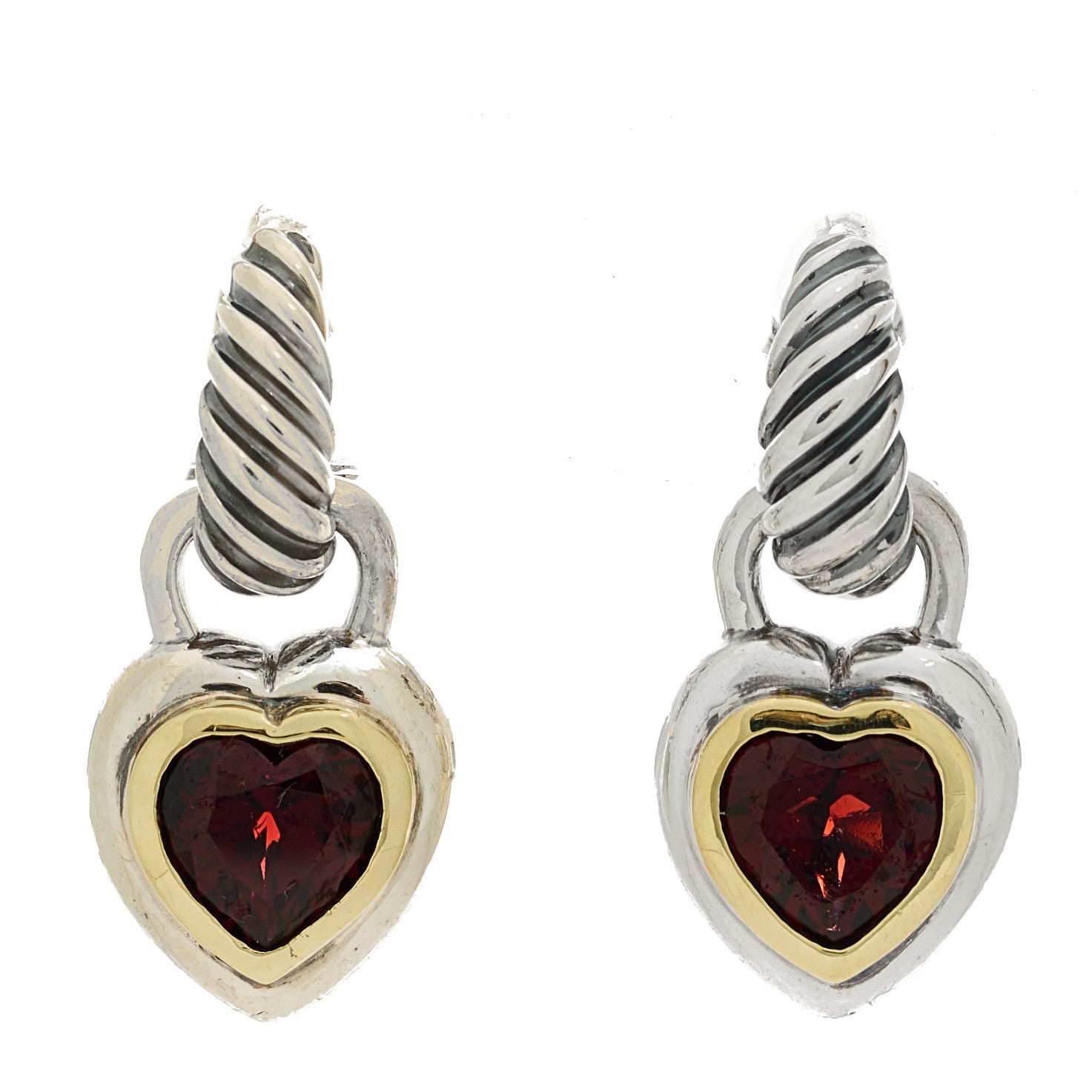David Yurman Sterling Silver 14K Yellow Gold Garnet Heart Earrings 1 of 4