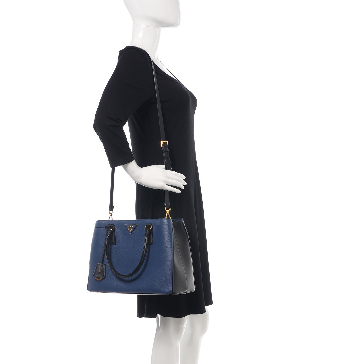 Prada Saffiano Lux Bi-Color Medium Tote Bluette Black 3 of 13