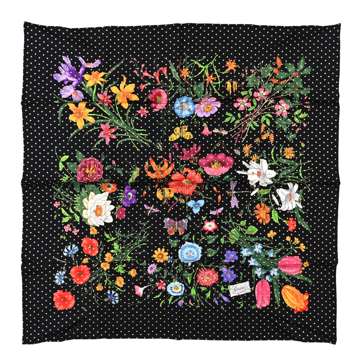 Silk Twill Flora Stars Square Scarf Black