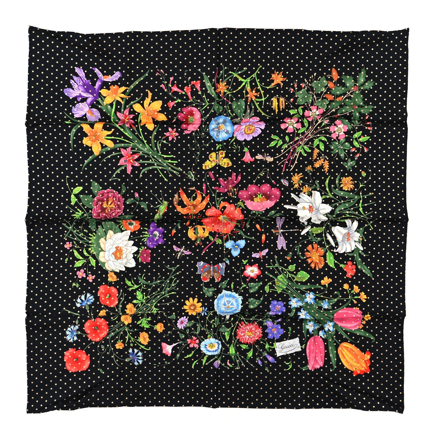 Gucci Silk Twill Flora Stars Square Scarf Black 1 of 3
