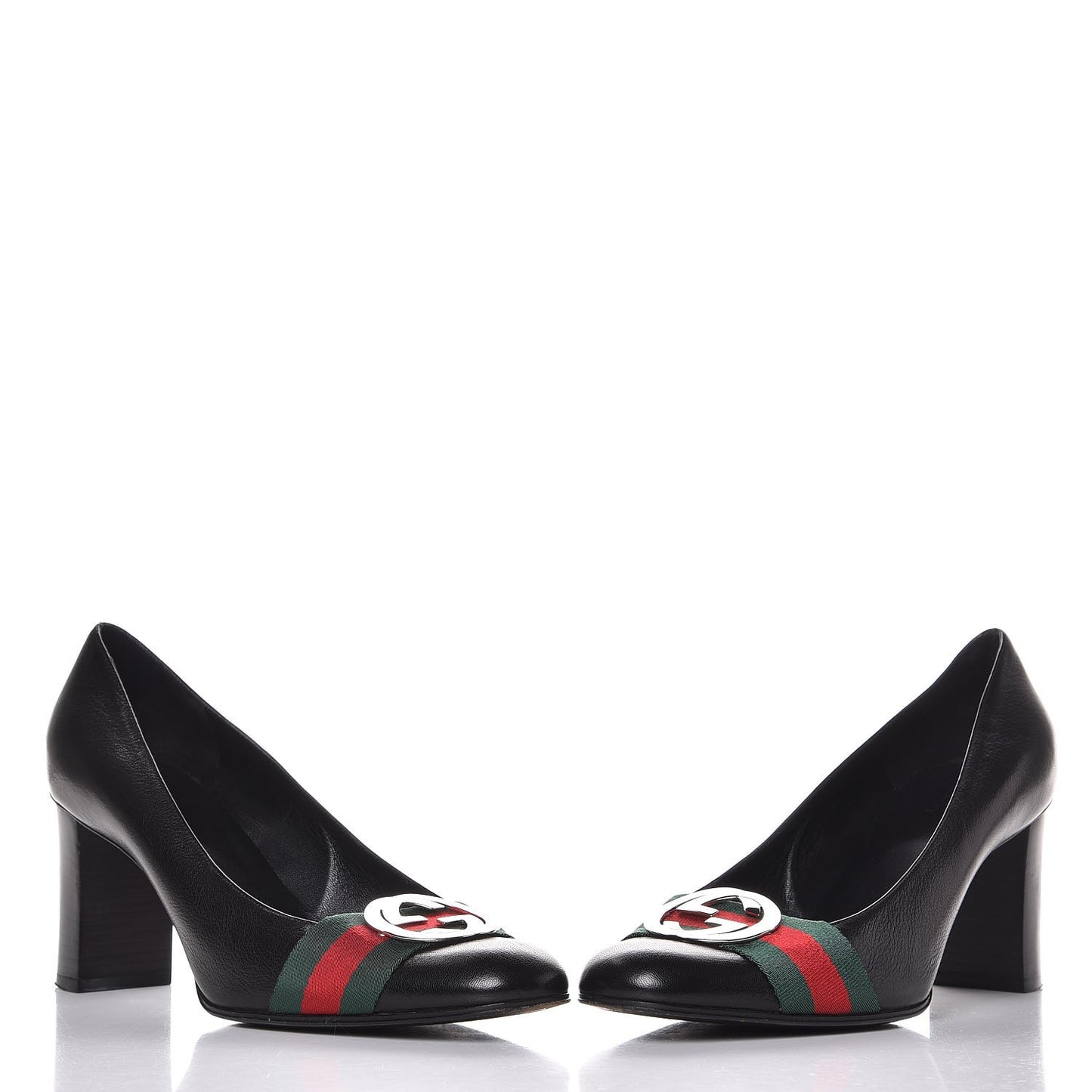 Calfskin Interlocking GG Web Mid Heel Pumps 10 Black