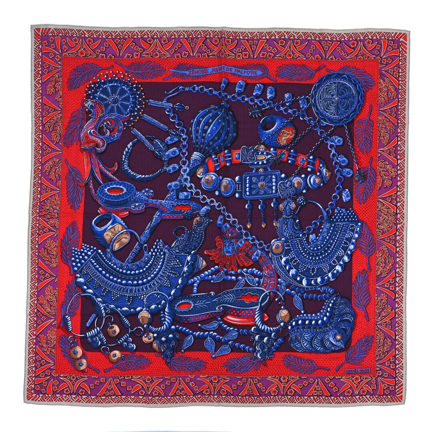 Hermes Cashmere Silk Zenobie Reine De Palmyre Shawl 140 Aubergine Bleu Dur Rouge 1 of 3