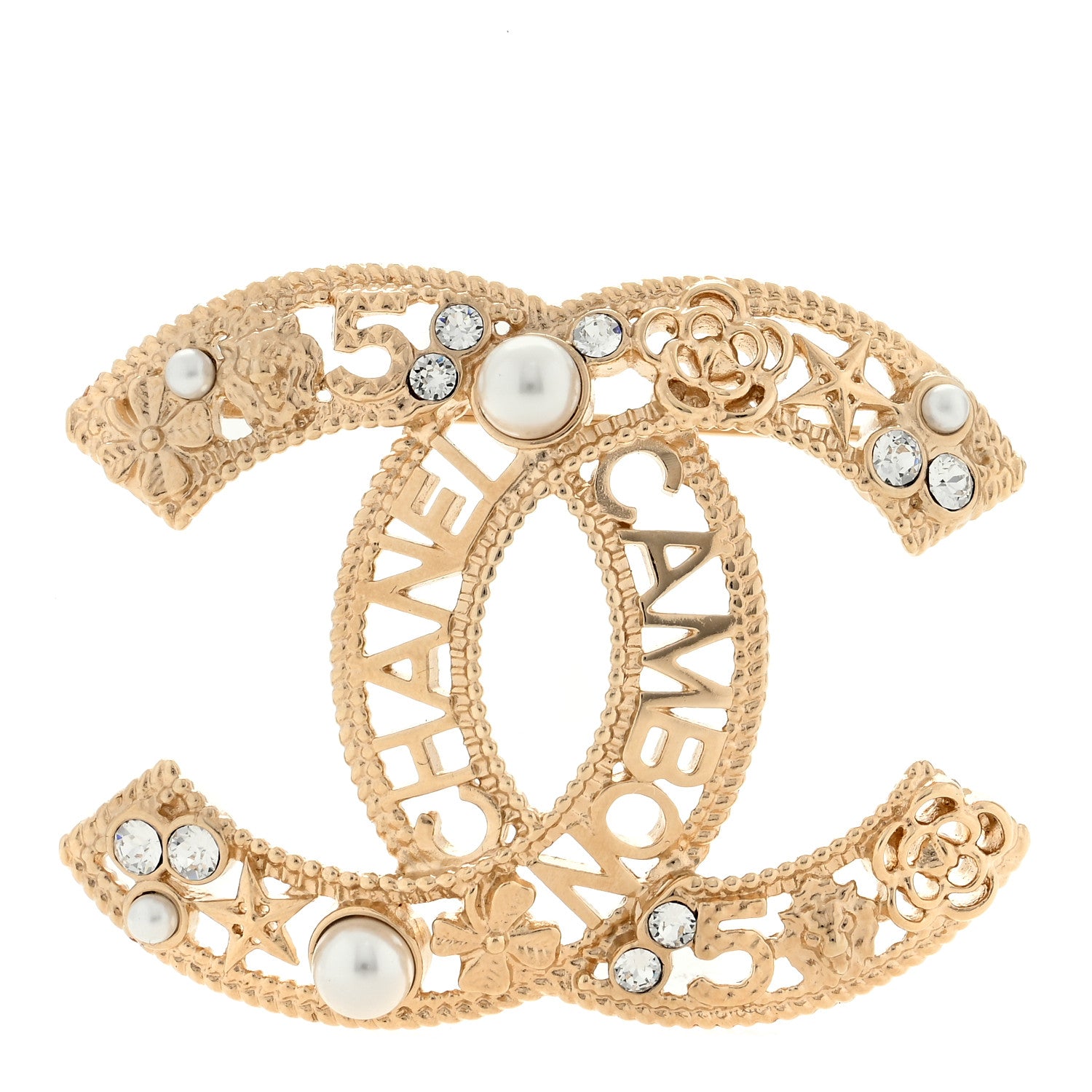Chanel Crystal Pearl CC Charms Brooch Gold 1 of 3