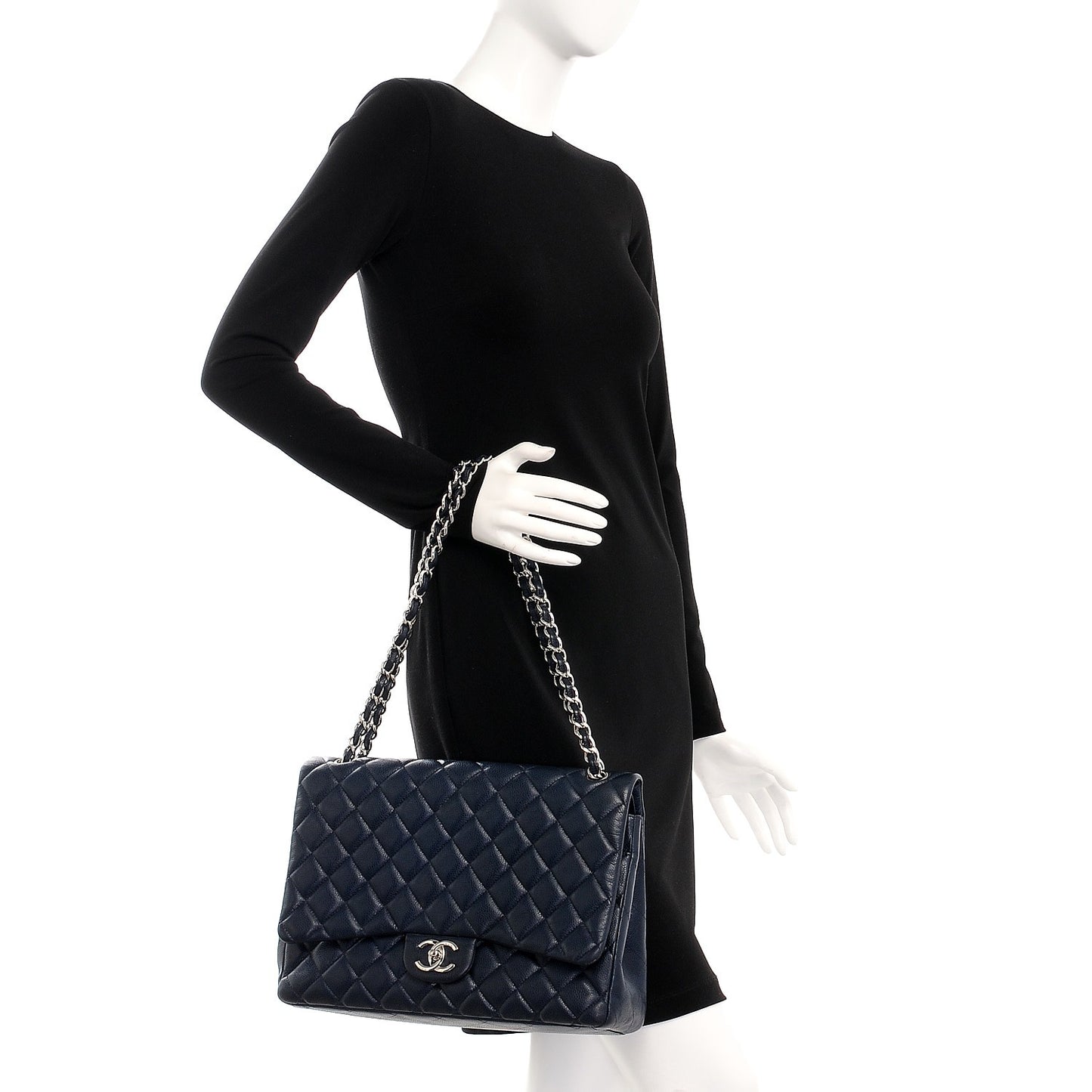 Caviar Quilted Maxi Double Flap Navy Blue