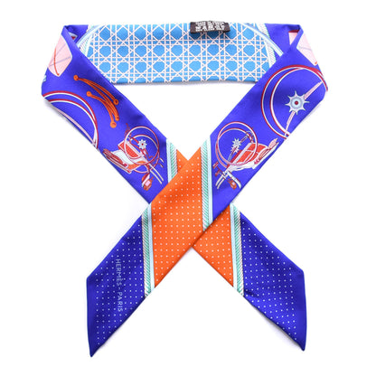 Hermes Silk Les Voitures A Transformation Twilly Ultra Violet Orange Cobalt 1 of 4