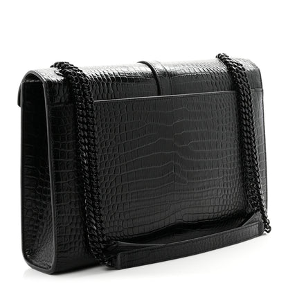 Saint Laurent Calfskin Crocodile Embossed Monogram Large Satchel Black 3 of 10