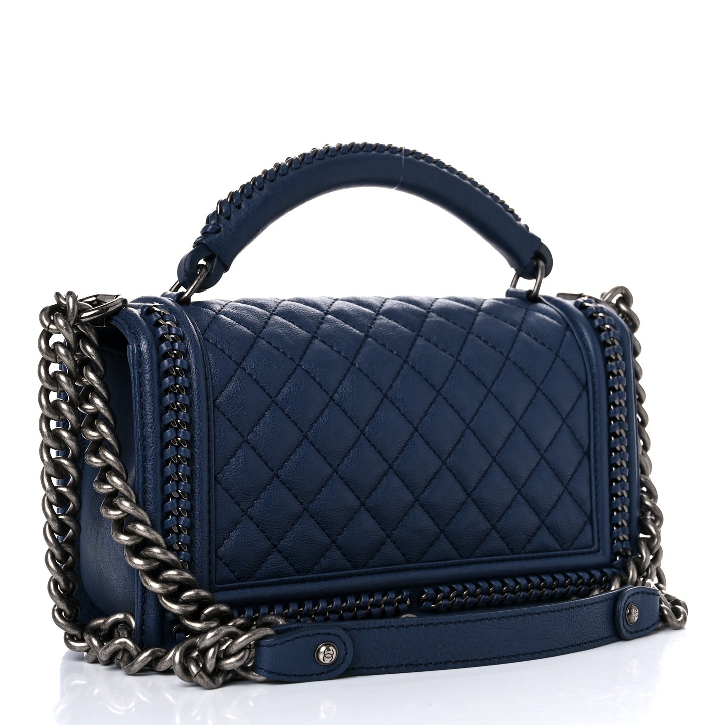 Calfskin Quilted Medium Top Handle Boy Flap Blue